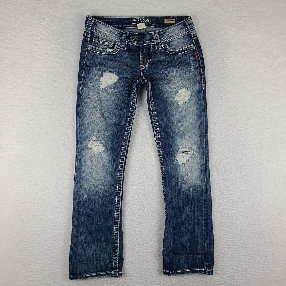 Silver Jeans Womens 25 Blue Tuesday Crop Distress Dark Wash Denim *